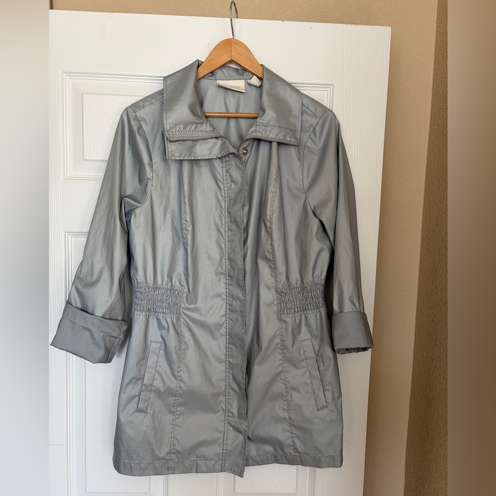 Chico’s Collection Jacket Size 2 (Large) Metallic Silver Shimmer Trench H1